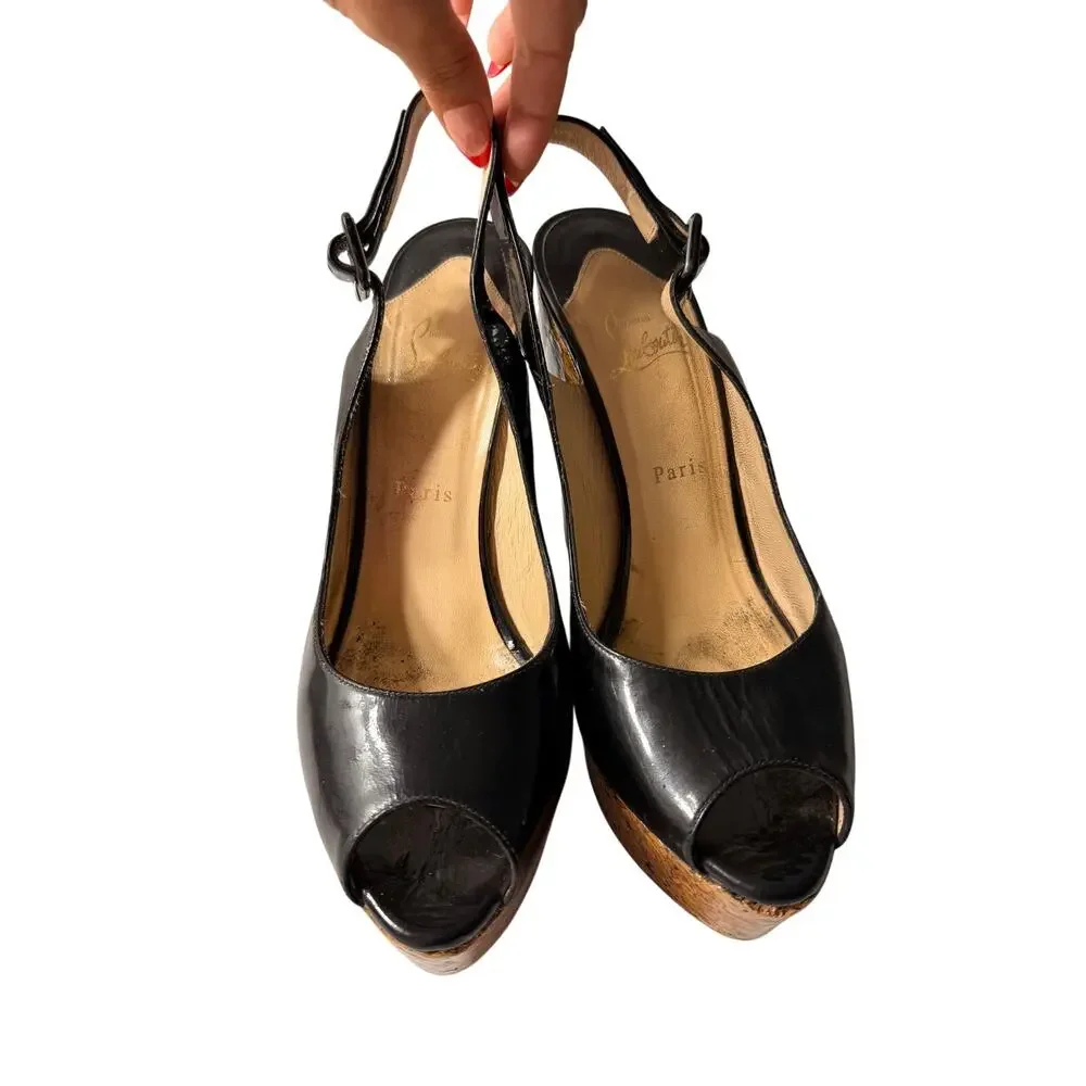 Louboutin Black Patent Leather Cork Platform Wedges EU 42